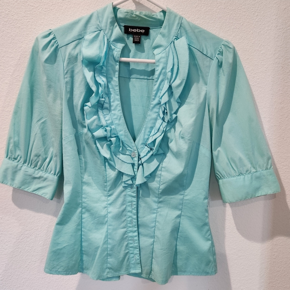 Vintage 00's bebe XXS Ruffled Button-down Top in Fresco Blue
